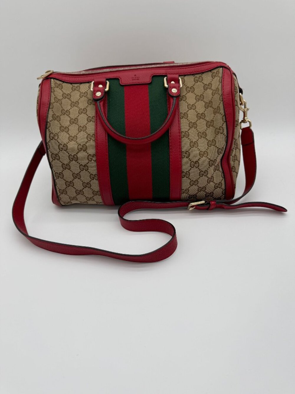 Gucci GG Canvas Web Boston Bag – Red & Green Stripe – Authenticated